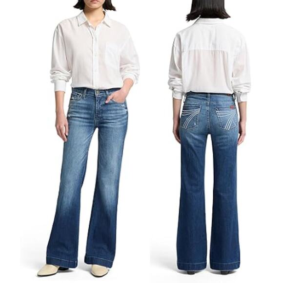 7 For All Mankind Tailorless Dojo Regular Fit Denim Flared Jeans in Lake Blue - Picture 1 of 14